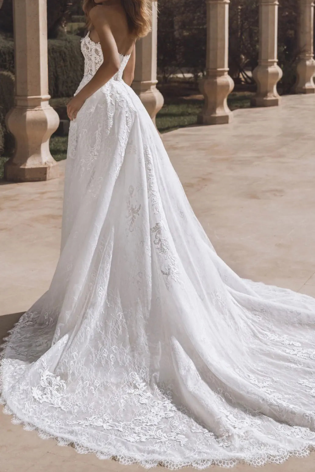 Sweetheart Off-Shoulder Sleeveless Applique Lace Pleated Mermaid Wedding Dress with Train
