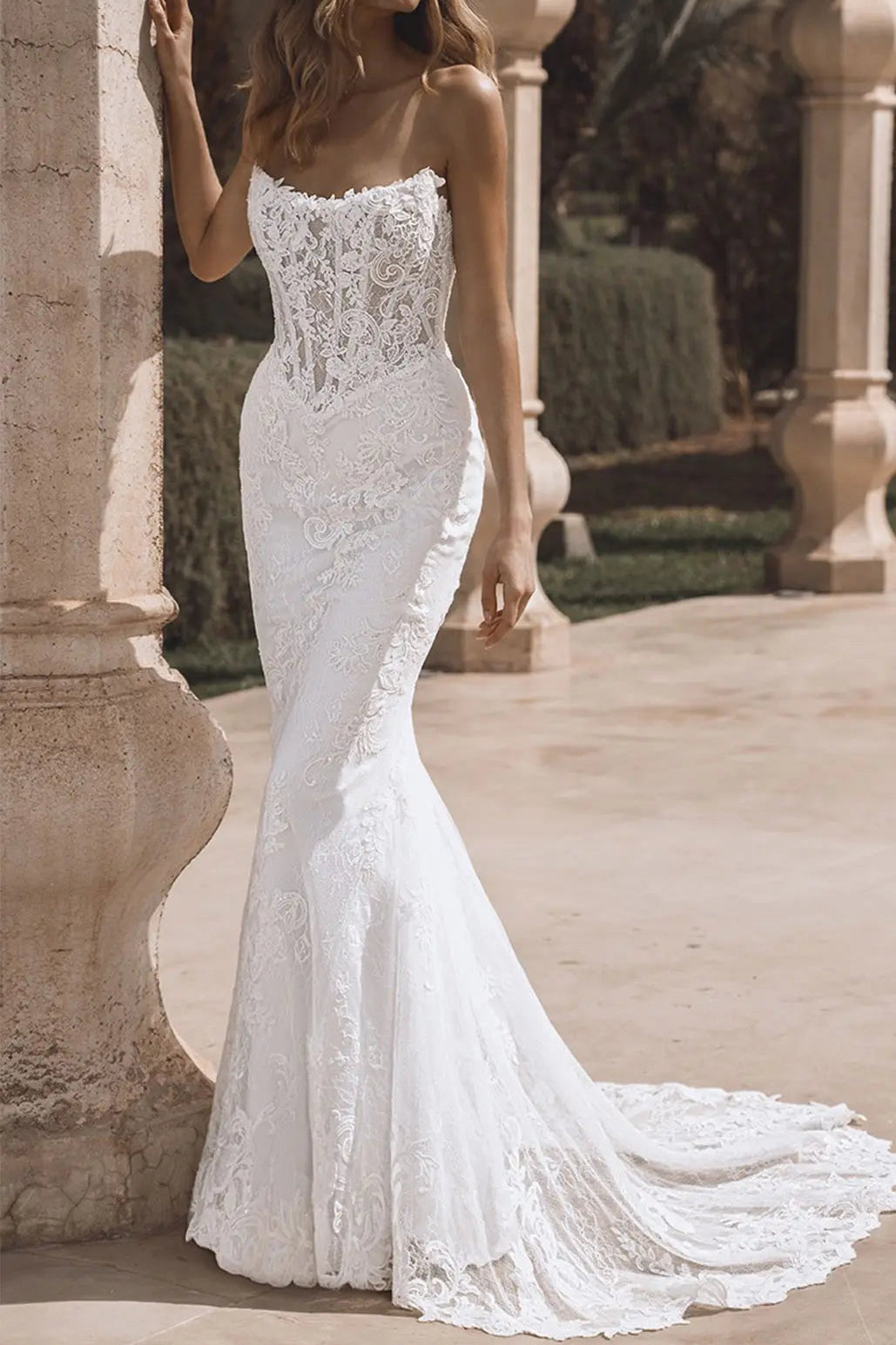 Sweetheart Off-Shoulder Sleeveless Applique Lace Pleated Mermaid Wedding Dress with Train