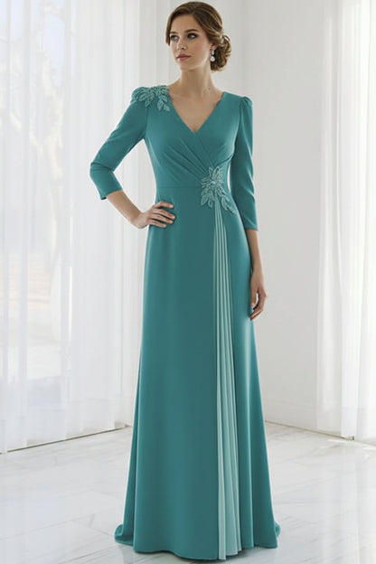 V-Neck 3/4-Sleeves Beaded Satin Pleated Fitted Mother of the Bride Dress