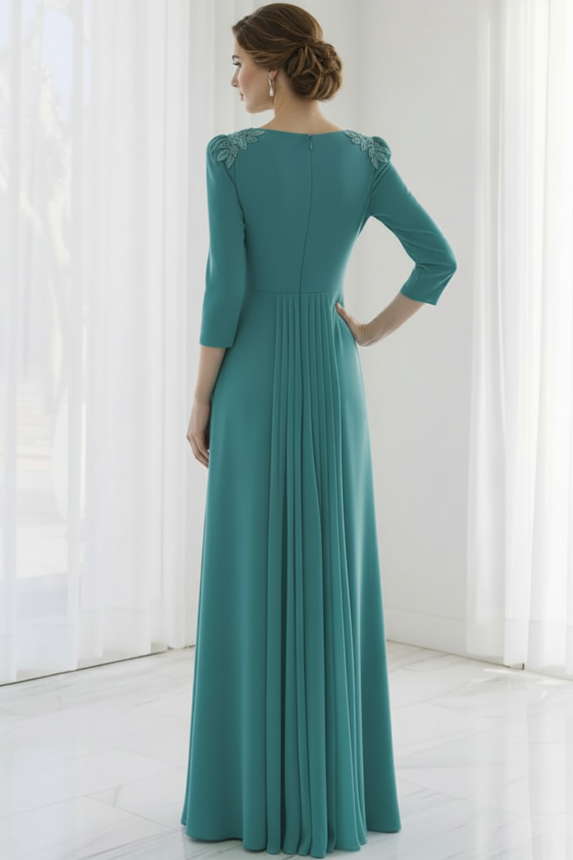 V-Neck 3/4-Sleeves Beaded Satin Pleated Fitted Mother of the Bride Dress