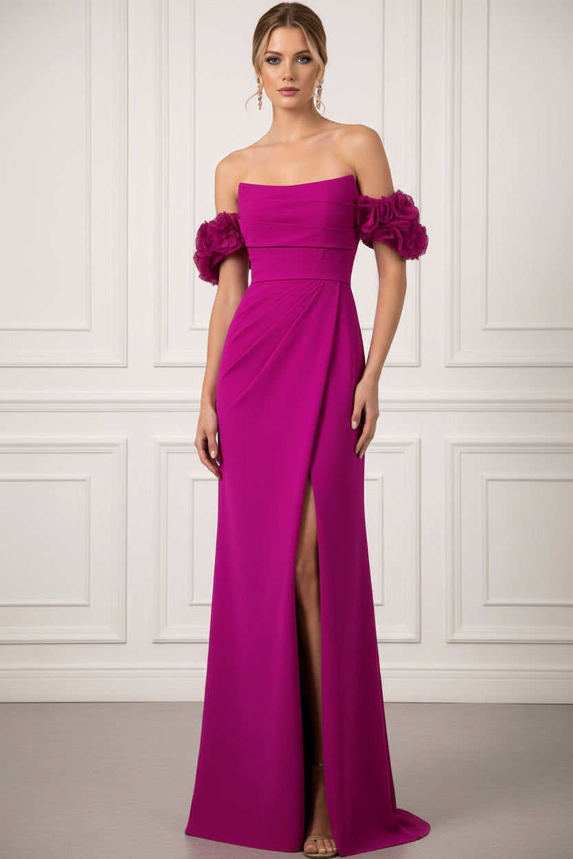 Bateau-Neck Sleeveless 3D-Floral Satin Pleated High Slit Mermaid Evening Dress
