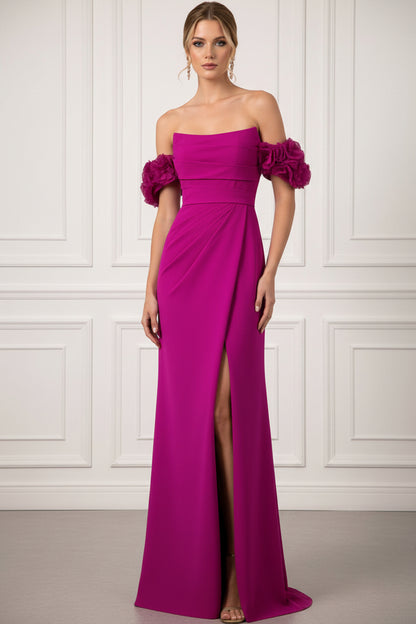 Bateau-Neck Sleeveless 3D-Floral Satin Pleated High Slit Mermaid Evening Dress