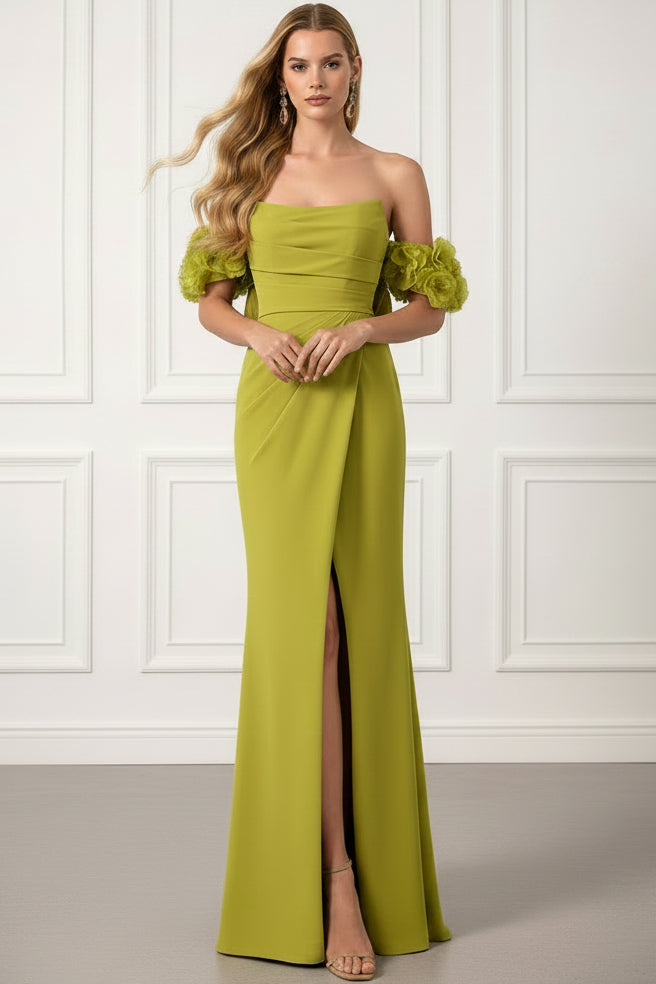 Bateau-Neck Sleeveless 3D-Floral Satin Pleated High Slit Mermaid Evening Dress