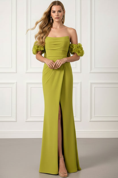 Bateau-Neck Sleeveless 3D-Floral Satin Pleated High Slit Mermaid Evening Dress