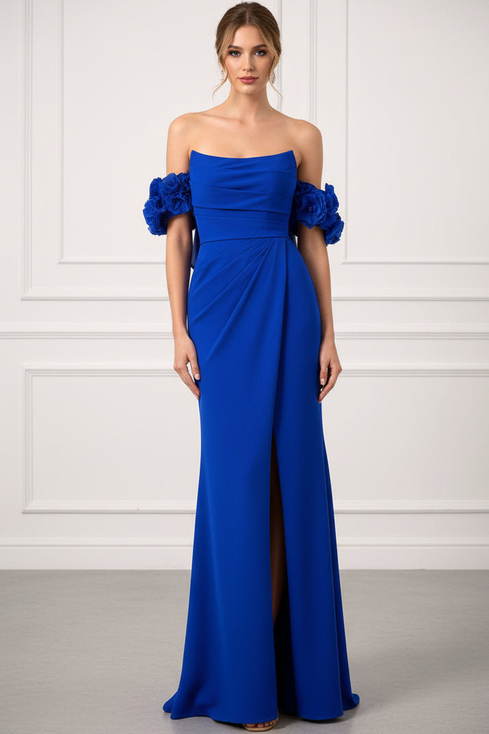 Bateau-Neck Sleeveless 3D-Floral Satin Pleated High Slit Mermaid Evening Dress