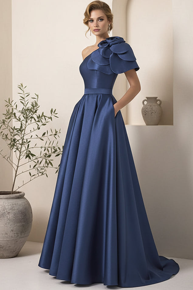 Asymmetrical-Neck Sleeveless Floor-Length 3D-Floral Satin Pleated A-line Wedding Guest Dress