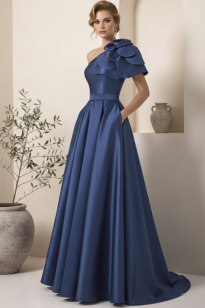 Asymmetrical-Neck Sleeveless Floor-Length 3D-Floral Satin Pleated A-line Wedding Guest Dress