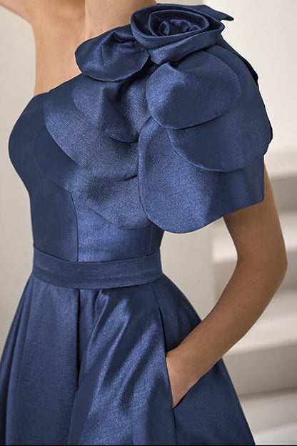 Asymmetrical-Neck Sleeveless Floor-Length 3D-Floral Satin Pleated A-line Wedding Guest Dress