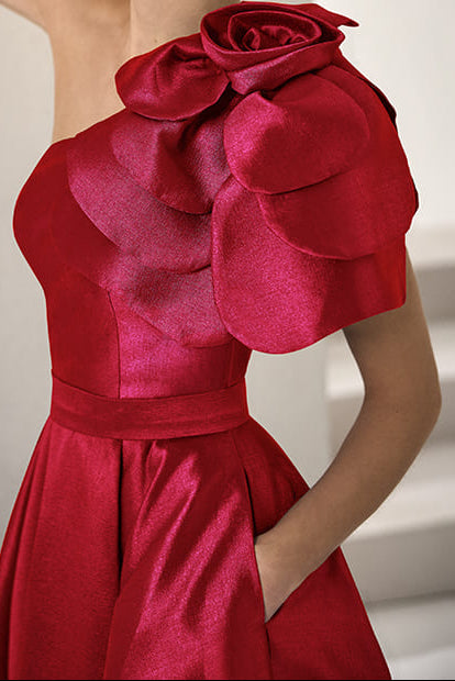 Asymmetrical-Neck Sleeveless Floor-Length 3D-Floral Satin Pleated A-line Wedding Guest Dress