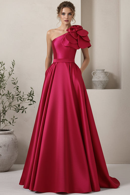 Asymmetrical-Neck Sleeveless Floor-Length 3D-Floral Satin Pleated A-line Wedding Guest Dress