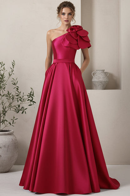 Asymmetrical-Neck Sleeveless Floor-Length 3D-Floral Satin Pleated A-line Wedding Guest Dress