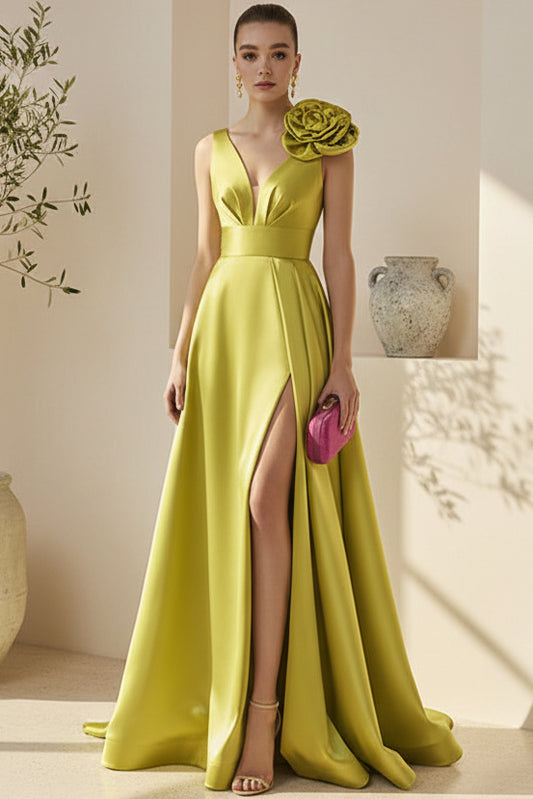 V-Neck Straps Sleeveless 3D-Floral Satin Pleated A-line Wedding Guest Dress with High Slit
