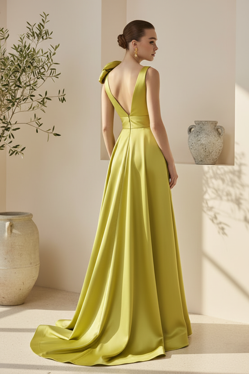 V-Neck Straps Sleeveless 3D-Floral Satin Pleated A-line Wedding Guest Dress with High Slit