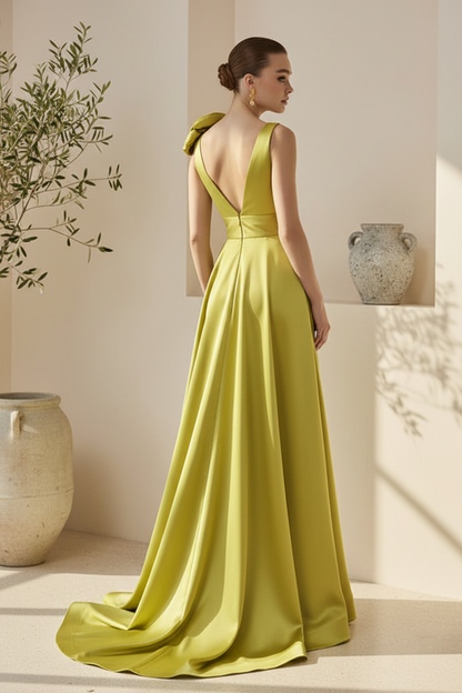 V-Neck Straps Sleeveless 3D-Floral Satin Pleated A-line Wedding Guest Dress with High Slit