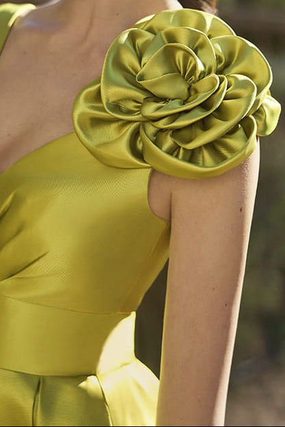 V-Neck Straps Sleeveless 3D-Floral Satin Pleated A-line Wedding Guest Dress with High Slit