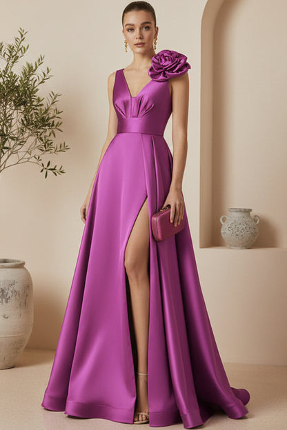 V-Neck Straps Sleeveless 3D-Floral Satin Pleated A-line Wedding Guest Dress with High Slit