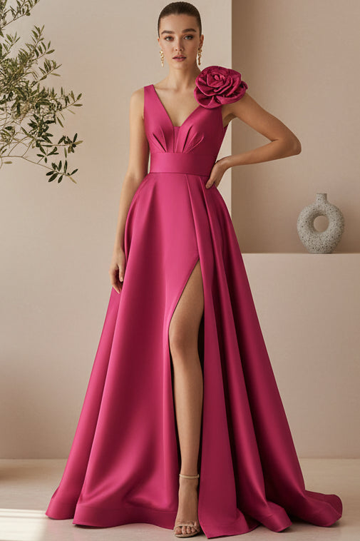 V-Neck Straps Sleeveless 3D-Floral Satin Pleated A-line Wedding Guest Dress with High Slit