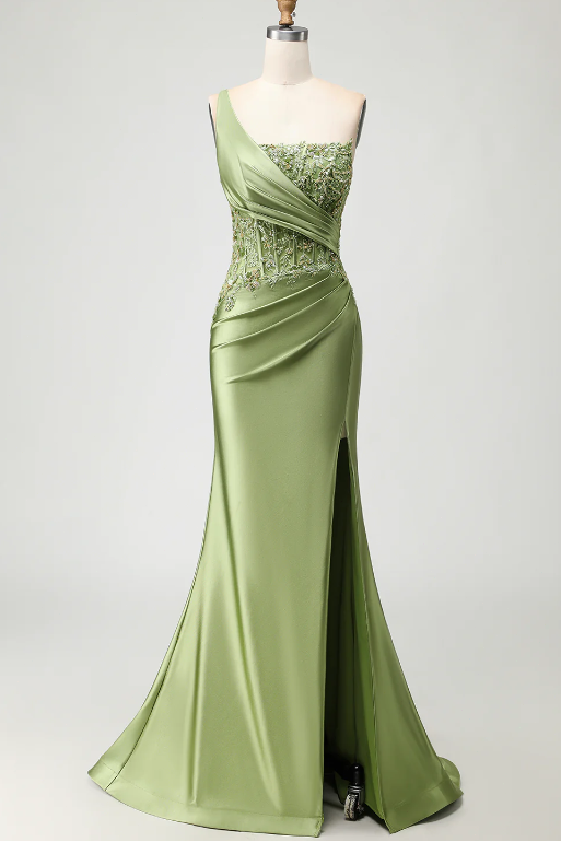 Asymmetrical-Neck One-Strap Sequined Applique Satin Pleated Mermaid Formal Prom Dress