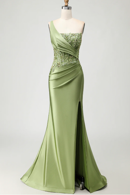 Asymmetrical-Neck One-Strap Sequined Applique Satin Pleated Mermaid Formal Prom Dress