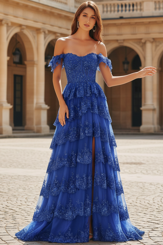 A-Line Sweetheart Sleeveless Party Gowns Beaded Glitter Applique Tiered Prom Dress with Slit