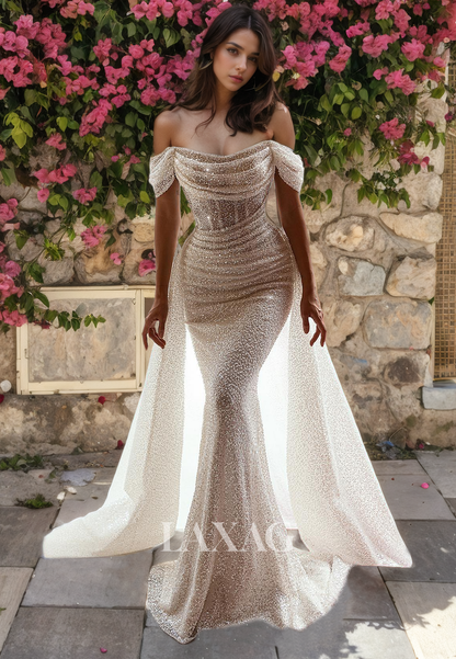 Scoop-Neck Sleeveless Off-Shoulder Glitter-Knit Pleated Mermaid Wedding Gowns with Overskirt