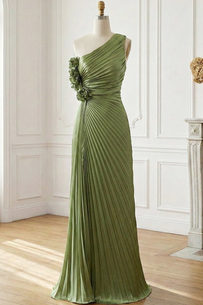 Asymmetrical-Neck Sleeveless 3D-Florals Chiffon Pleated Mermaid Prom Dress with Slit