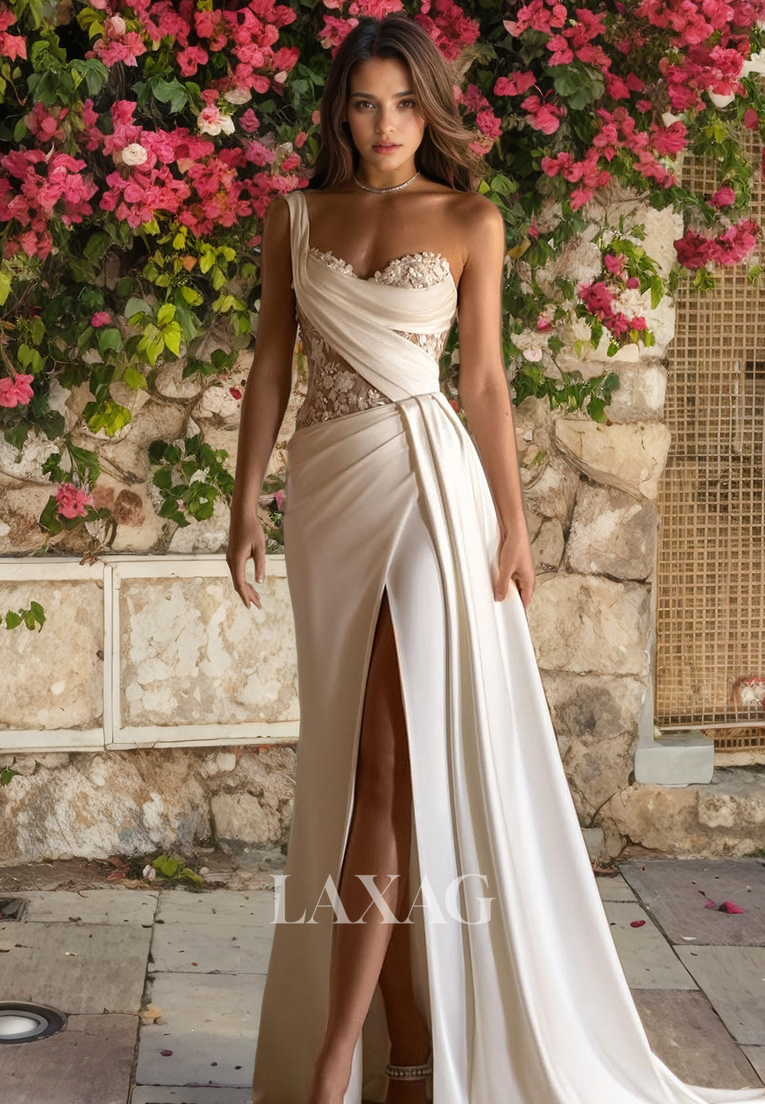 A-Line One Shoulder Appliques Sleek Satin High Slit Elegant Wedding Dress with Train