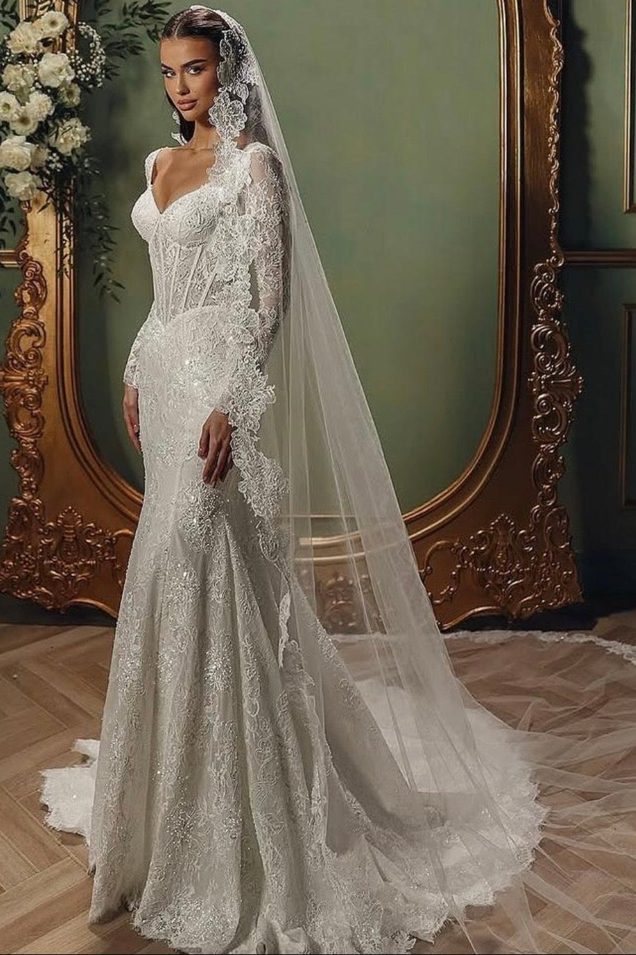 V-Neck Long-Sleeves Fully Sequined Beaded Allover Lace Pleated Mermaid Wedding Dress