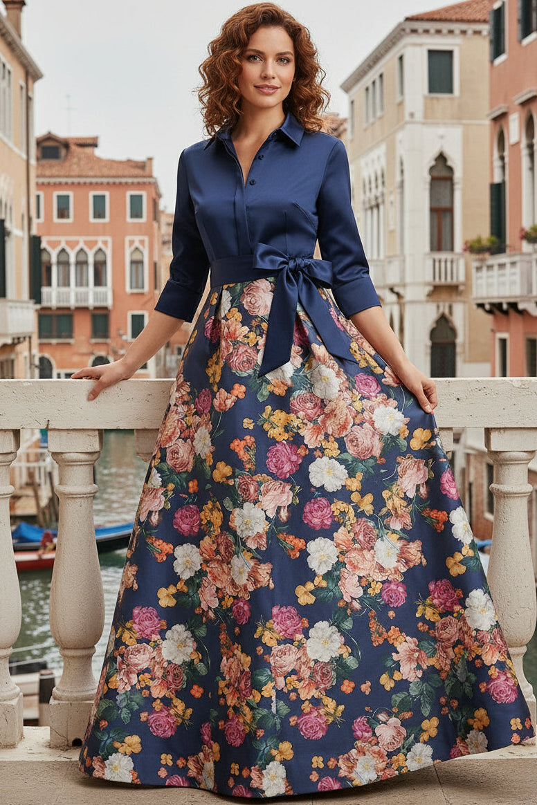 A-Line Collared 3/4-Sleeves Print-Satin Pleated Floor-Length Formal Cocktail Dress