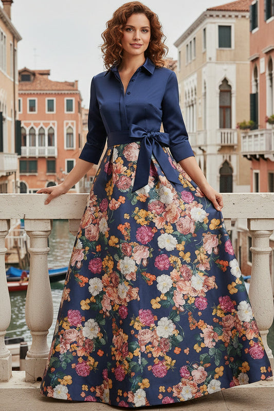 A-Line Collared 3/4-Sleeves Print-Satin Pleated Floor-Length Formal Cocktail Dress