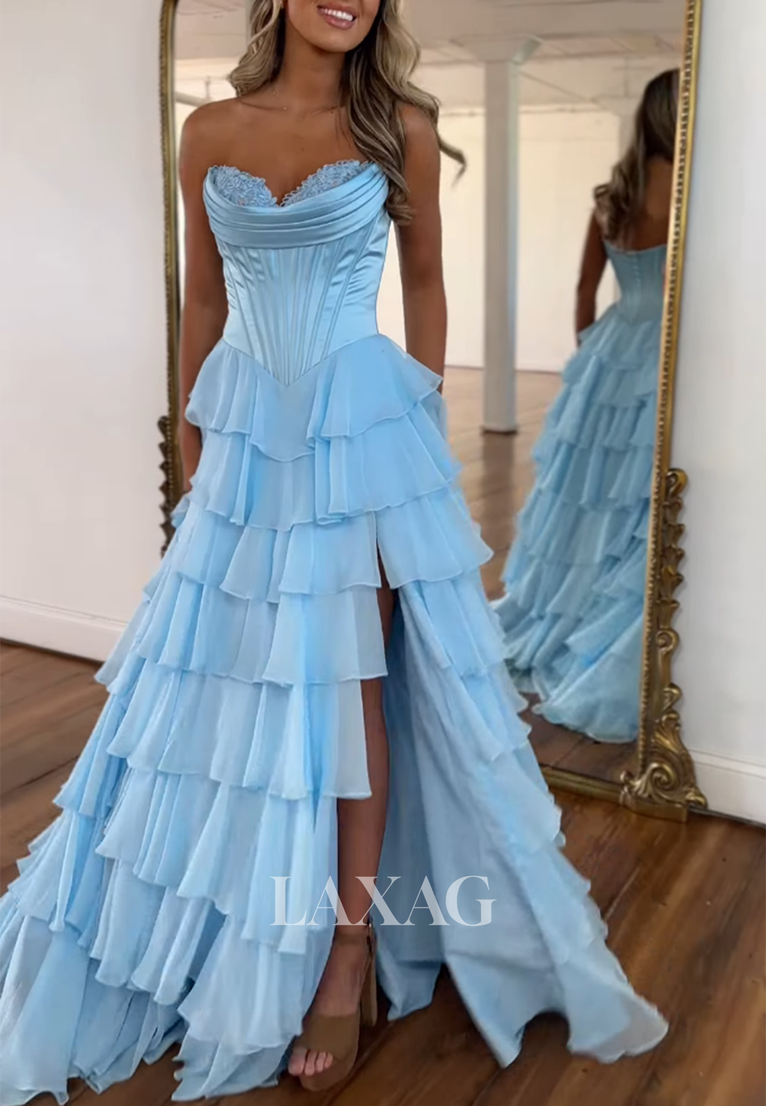 Sweetheart Sleeveless Floral Tiered A-line Prom Dress Off-Shoulder Pleated High Slit Party Gowns