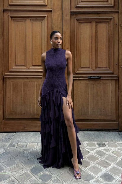 High-Neck Off-Shoulder Beaded Chiffon Pleated Tiered Fitted Prom Dress with High Slit