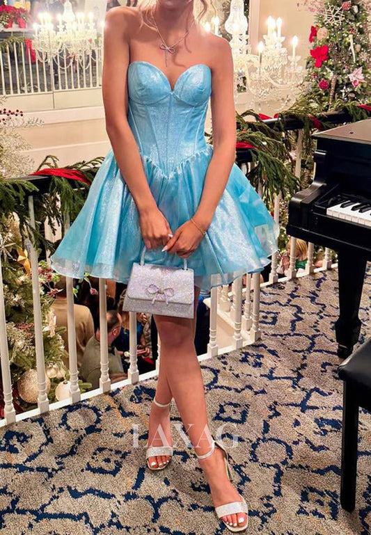 Sweetheart Off-Shoulder Sleeveless Glitter-Knit Pleated A-Line Homecoming Dress