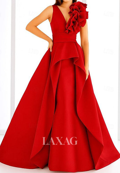 Deep V-Neck Straps Sleeveless Ruffled Pleated Satin Floor-Length A-Line Formal Evening Dress