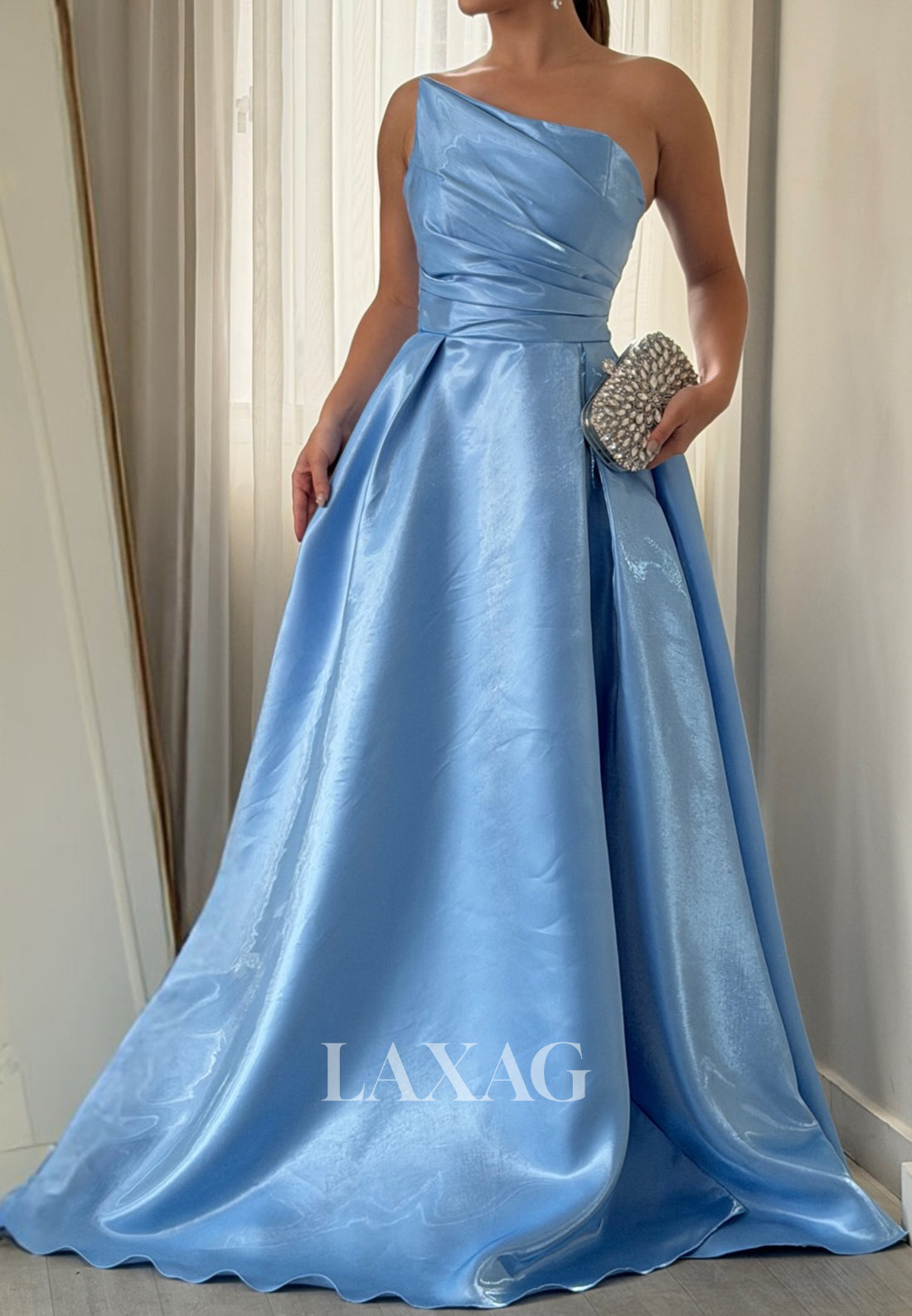 Asymmetrical-Neck Off-Shoulder Sleeveless Satin Pleated Floor-Length Mermaid Evening Dress
