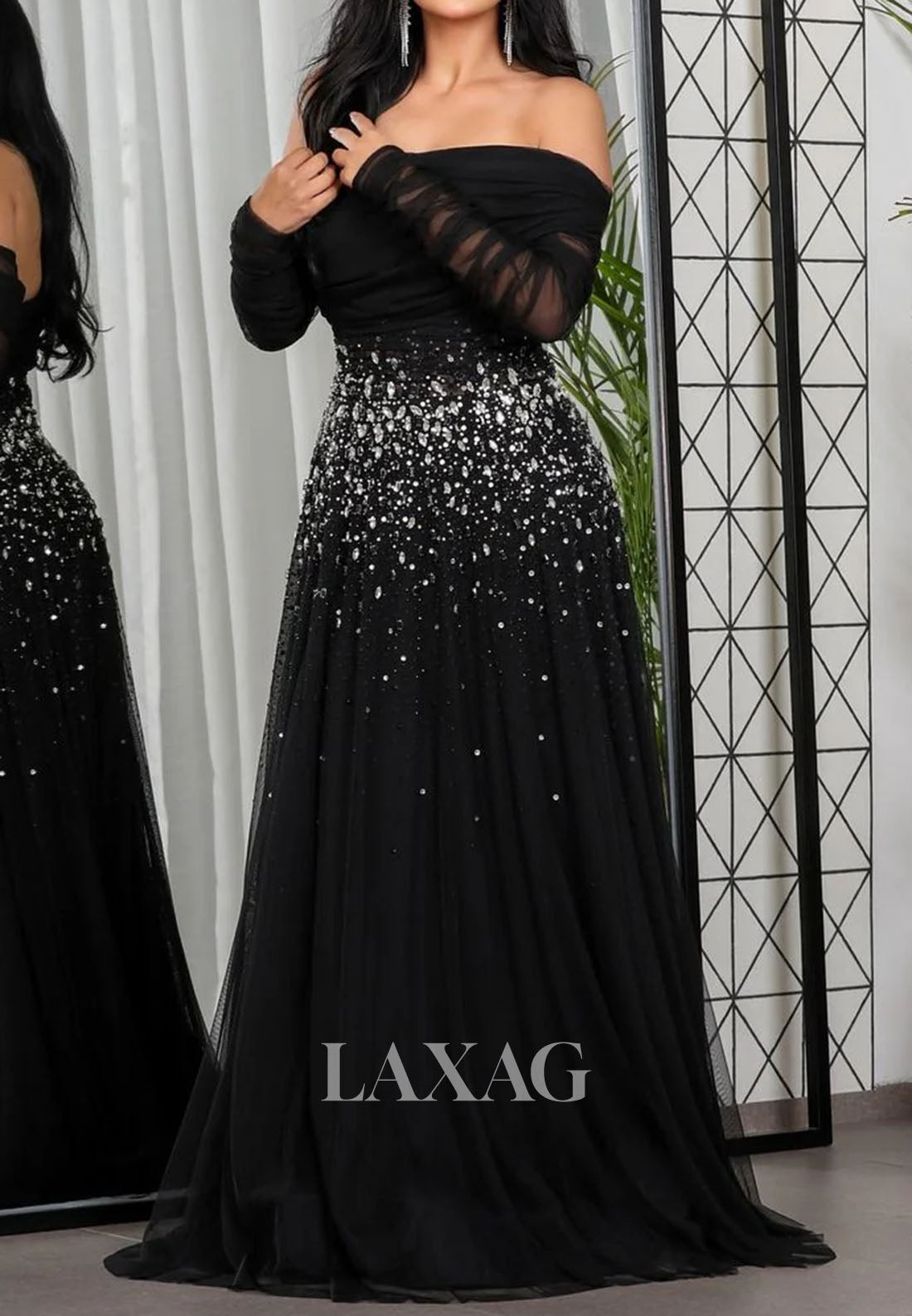 Asymmetrical-Neck Long-Sleeves A-Line Evening Dress Rhinestone Beaded Pleated Tulle Formal Gowns