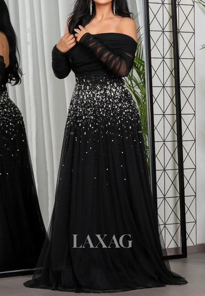 Asymmetrical-Neck Long-Sleeves A-Line Evening Dress Rhinestone Beaded Pleated Tulle Formal Gowns