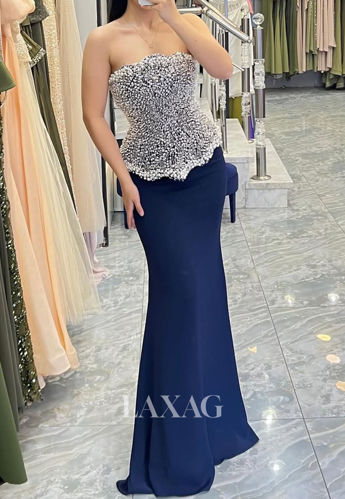 Tube Top Off-Shoulder Sleeveless Pearls Beaded Satin Floor-Length Mermaid Formal Evening Dress