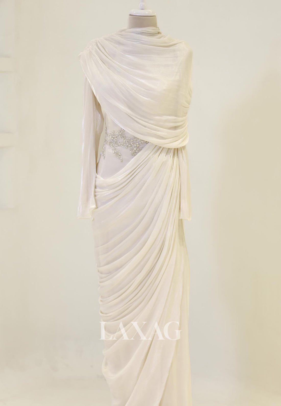 Scoop-Neck Long-Sleeves Rhinestone Beaded Chiffon Pleated Floor-Length Mermaid Evening Dress