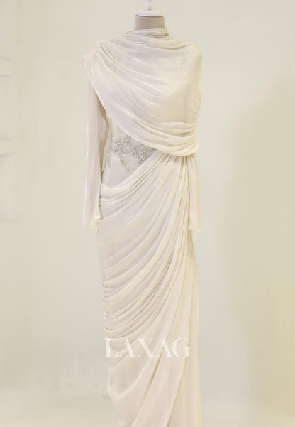 Scoop-Neck Long-Sleeves Rhinestone Beaded Chiffon Pleated Floor-Length Mermaid Evening Dress