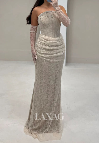 Off-Shoulder Pleated Allover Lace Formal Gowns Tube Top Sleeveless Beaded Mermaid Evening Dress