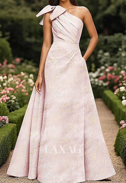 Off-Shoulder Asymmetrical-Neck Sleeveless Pleated Print-Satin Floor-Length A-Line Evening Dress with Bow