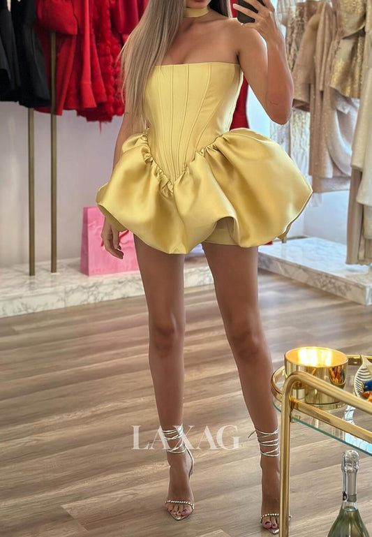 Off-Shoulder Bateau-Neck Sleeveless Pleated Satin Mini A-Line Party Homecoming Dress