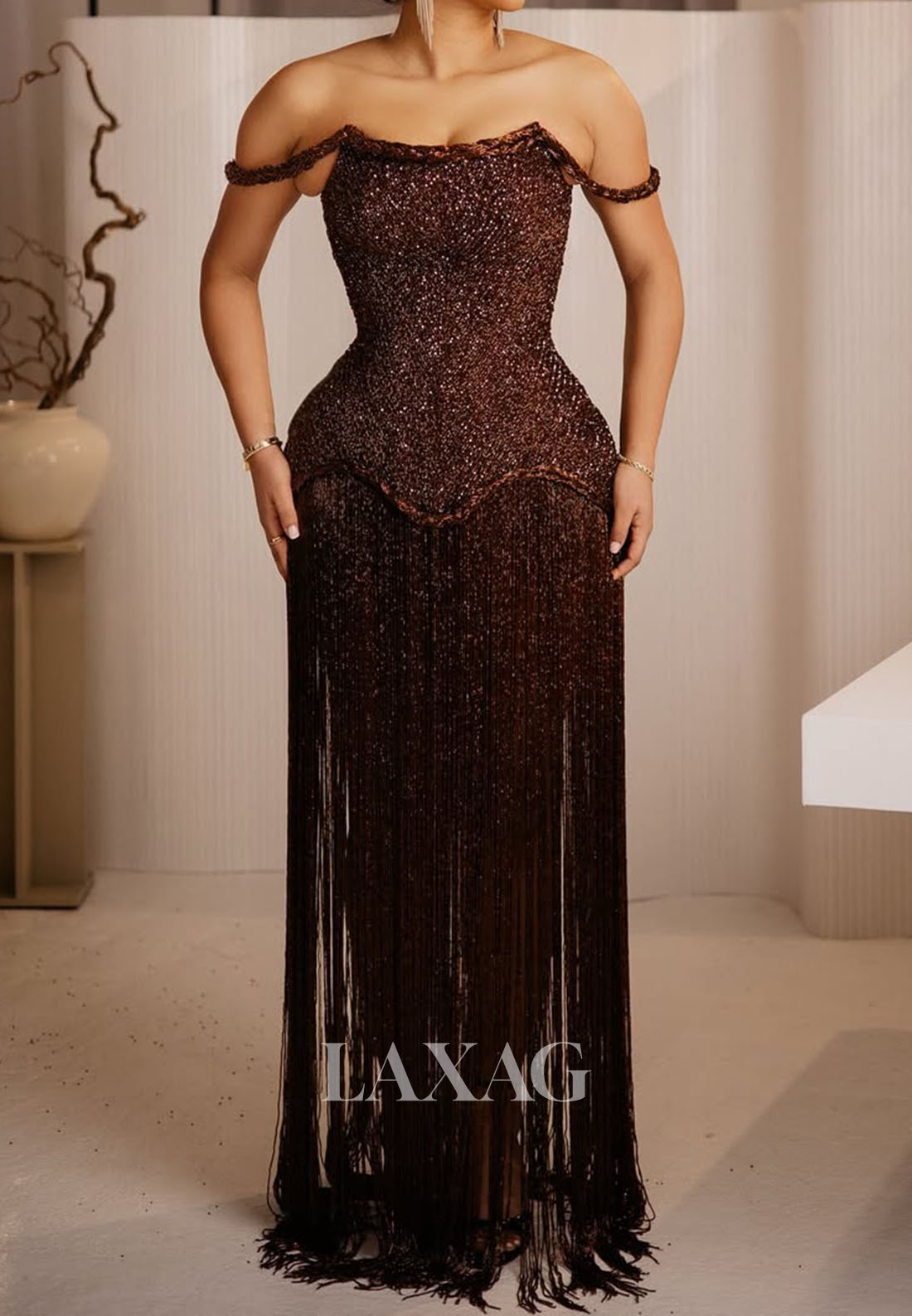 Bateau-Neck Off-Shoulder Sleeveless Fully Sequined Fringed Floor-Length Mermaid Prom Dress