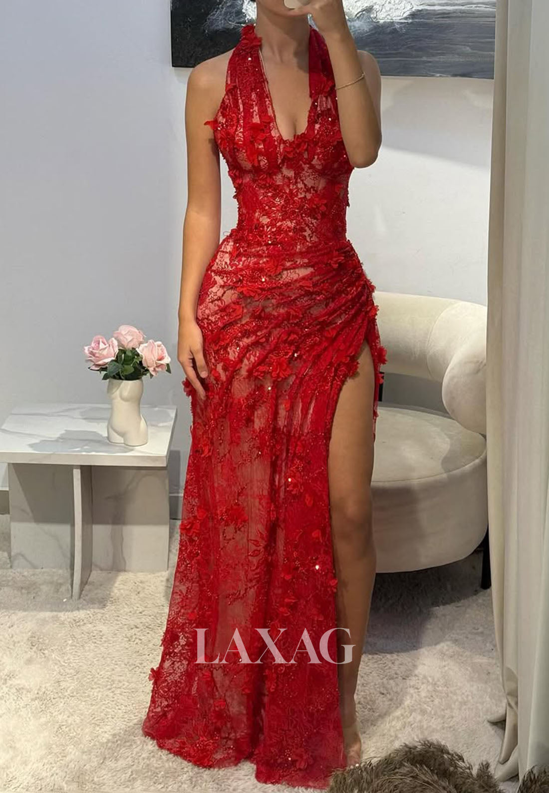 Halter V-Neck Sleeveless Floral Embellished Sequined Beaded Allover Lace Mermaid Prom Dress