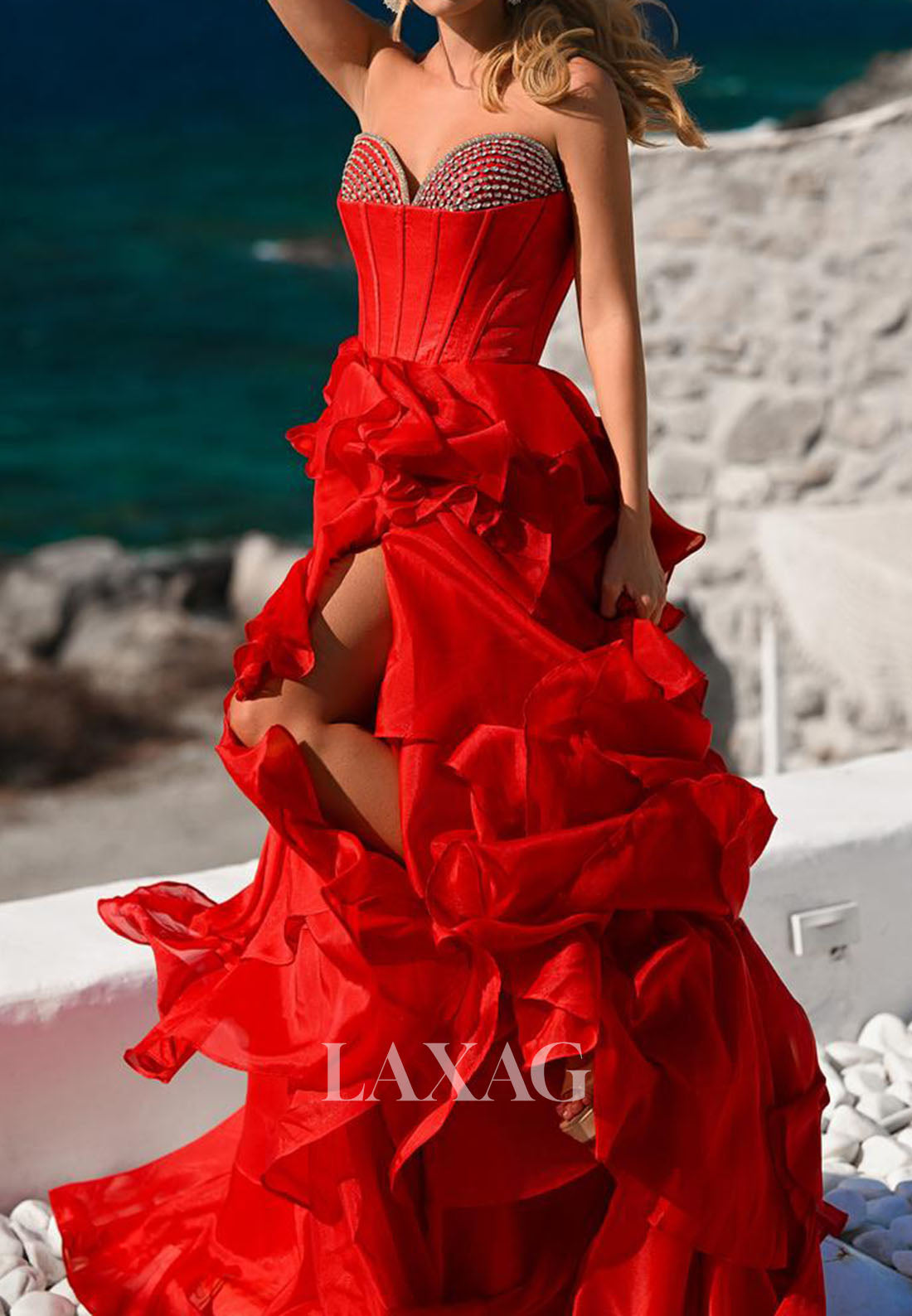 Sweetheart Off-Shoulder Sleeveless Beaded Pleated Chiffon Tiered A-Line Prom Dress with High Slit