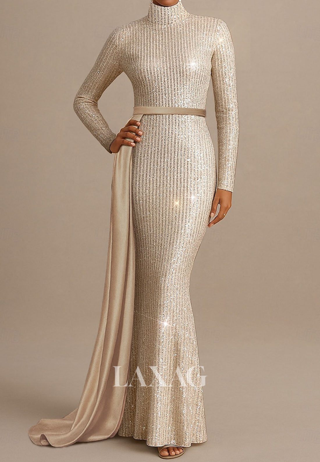 High-Neck Long-Sleeves Floor-Length Formal Gowns Fully Sequined Floor-Length Mermaid Evening Dress
