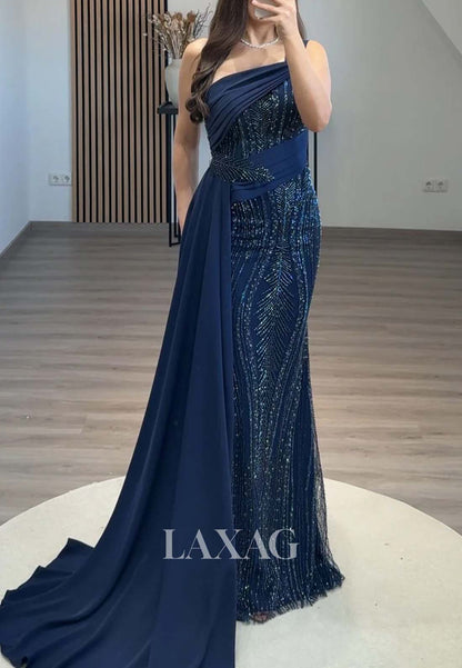 فستان سهرة حورية البحر بدون أكمام ورقبة غير متماثلة، مزين بالكامل بالخرز، مع ذيل من الساتان