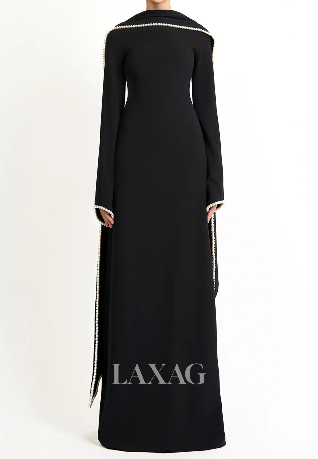 Scoop-Neck Long-Sleeves Pearls Satin Floor-Length Simple Fitted Formal Evening Dress with Overlay