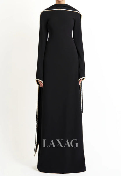 Scoop-Neck Long-Sleeves Pearls Satin Floor-Length Simple Fitted Formal Evening Dress with Overlay